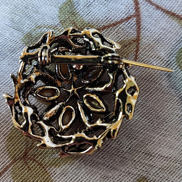 Pink Fire Opal? Seed Pearls Faux Garnet stone Gold Rhodium Plate Vintage Brooch - Picture 6 of 7